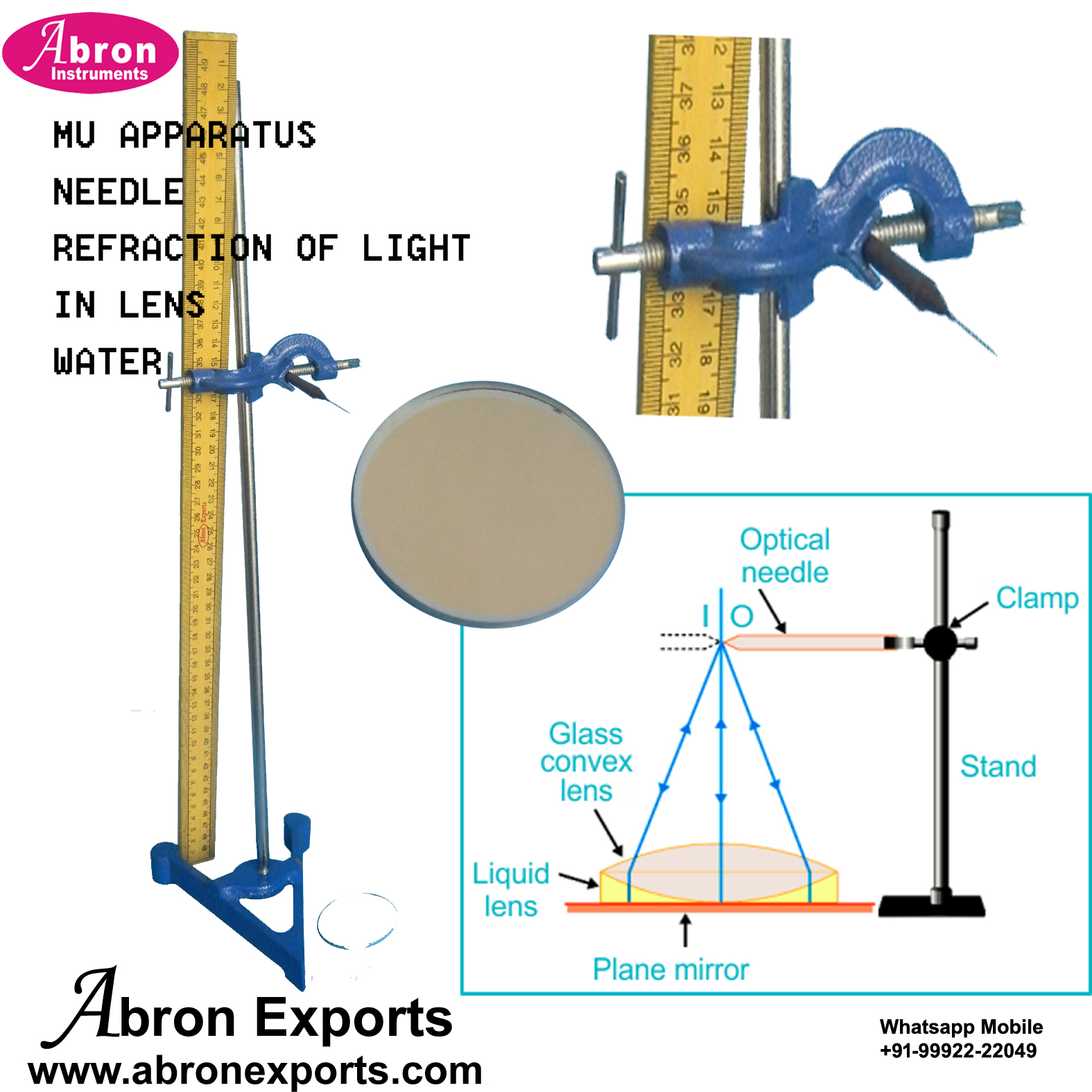 Physics Refraction Of Light Water Lens Apparatus Reflection Of Light Lens Plain Mirror Setup Needle Scale Clamp Stand Abron AP-887MUR 
